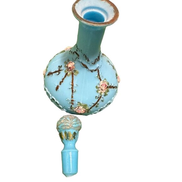 19th Century Antique French Blue Opaline Glass Decanter hand Painted Rose Floral - Picture 2 of 12